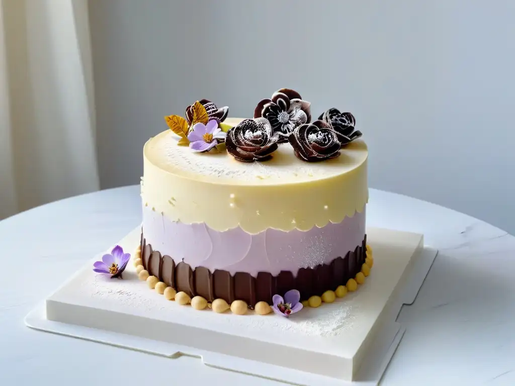 Éric Lanlard repostería británica: Detalle exquisito de una tarta de tres pisos con ganache y flores de azúcar en tonos pastel