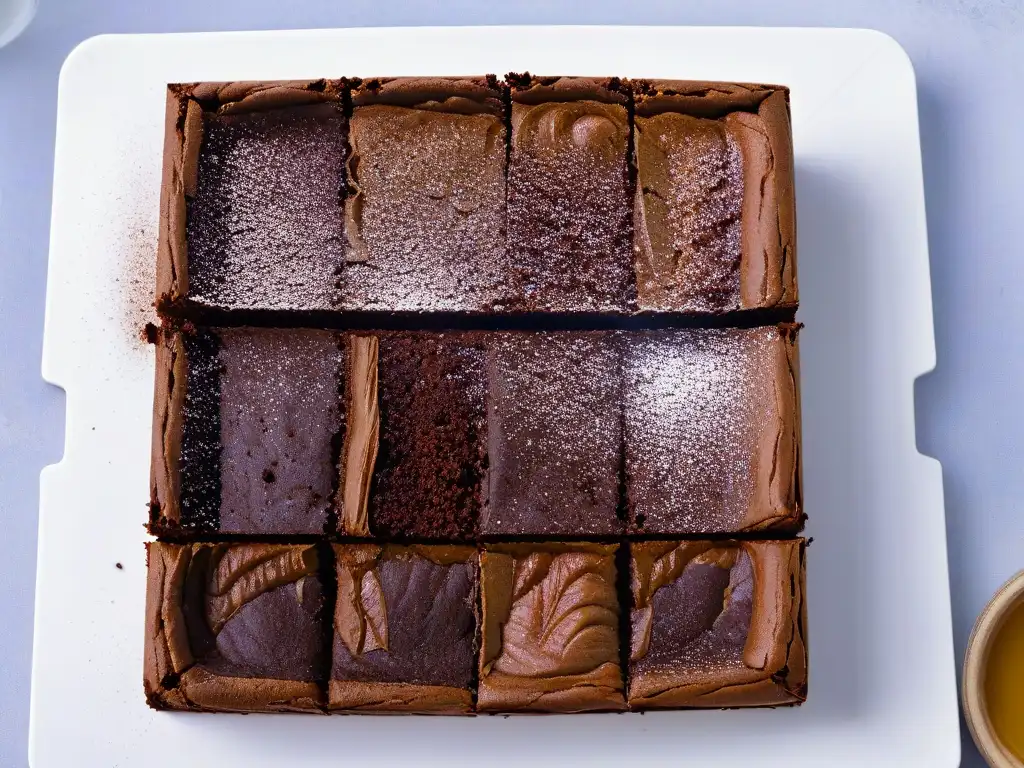 Un brownie de chocolate decadente con nueces de macadamia, en un elegante mostrador de mármol blanco