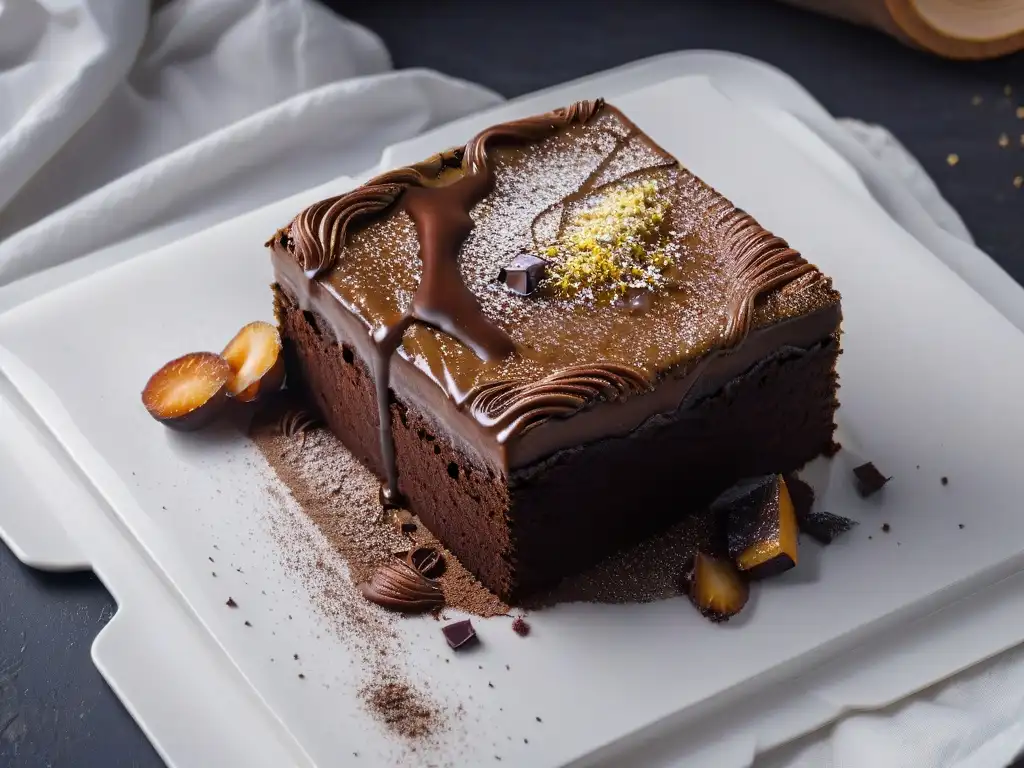 Un brownie perfectamente craquelado con glaseado de chocolate brillante, sobre plato blanco frente a fondo negro