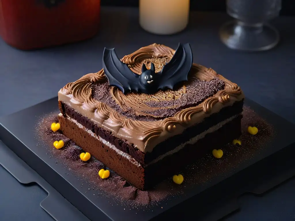 Un brownie decadente con el logo de Batman en brillantina comestible, en una atmósfera de misterio y lujo