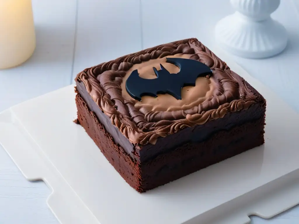 Un brownie en forma del logo de Batman sobre un plato elegante, iluminado en la noche