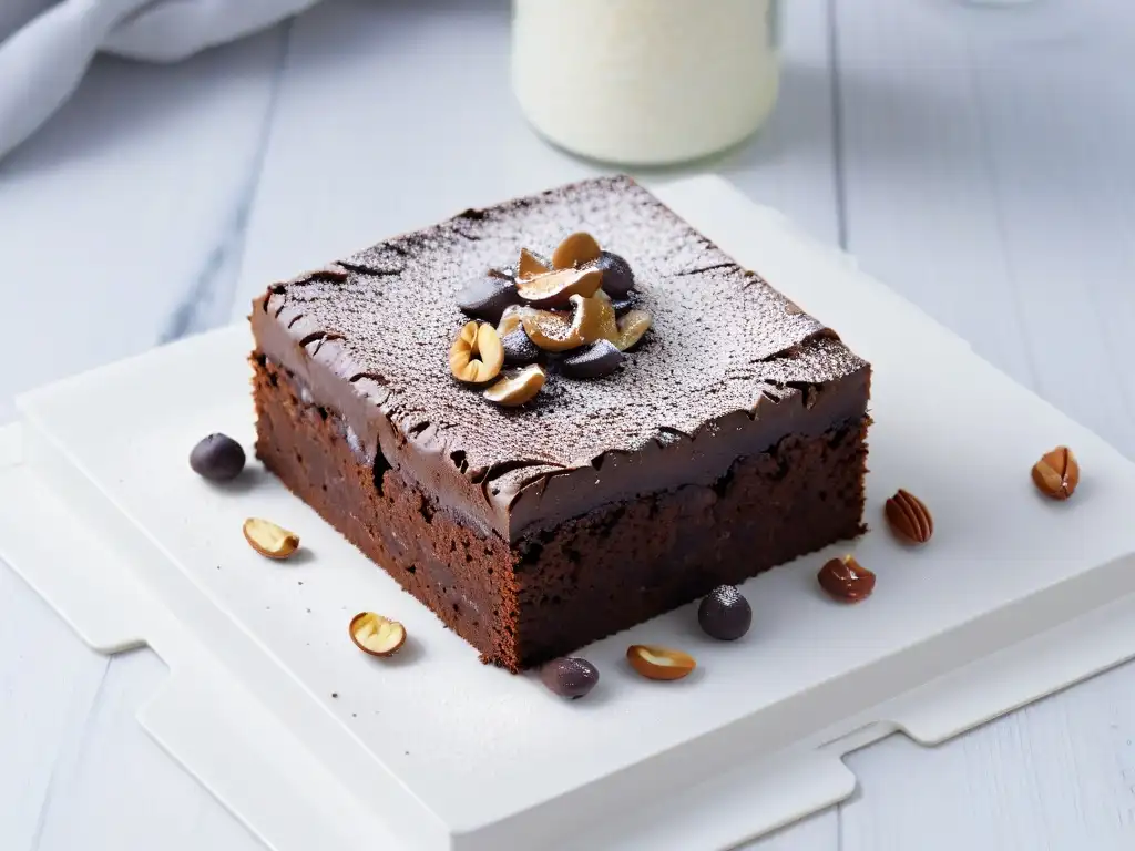 Un brownie de proteínas decadente con ganache brilloso, nueces trituradas y cacao en polvo, en plato blanco moderno