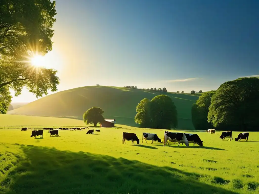 Bucólico paisaje de vacas pastando en prado verde bajo cielo azul