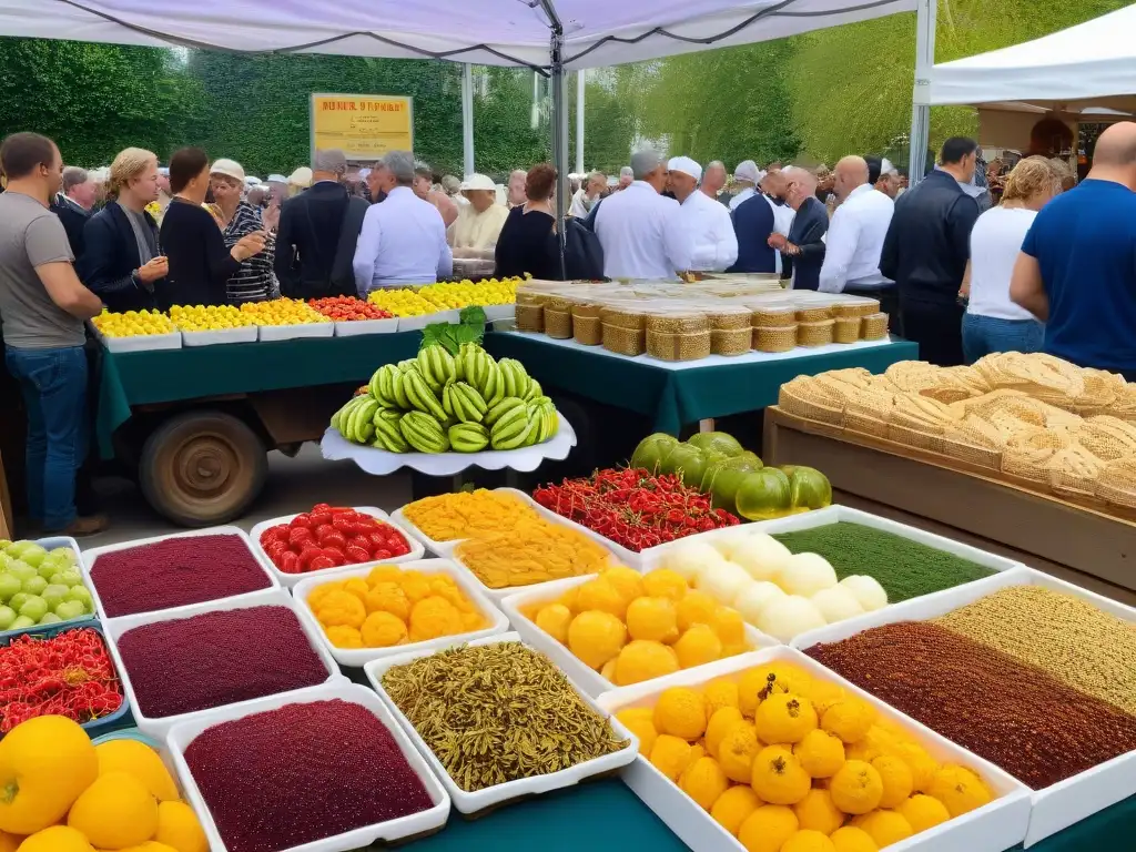 Un bullicioso mercado de agricultores rebosante de ingredientes locales frescos y coloridos para repostería