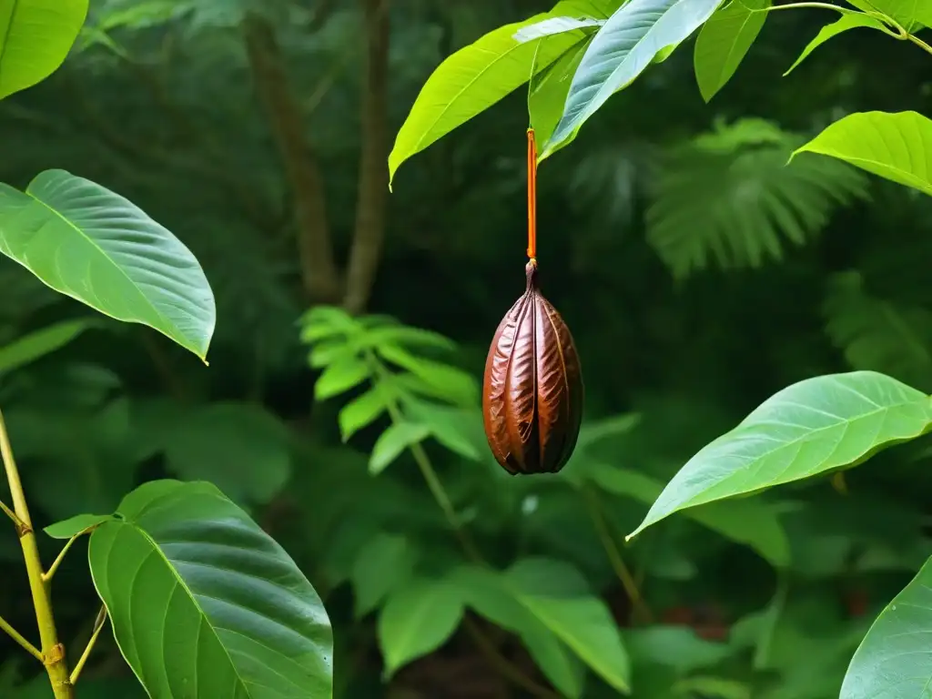 Un cacao criollo maduro cuelga de una rama entre hojas verdes exuberantes