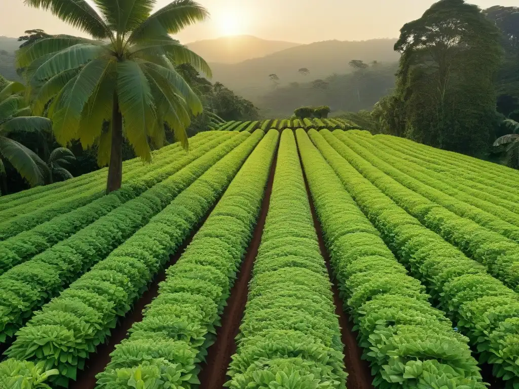 Plantación de cacao ética al amanecer: árboles cargados, luz dorada y neblina sobre colinas