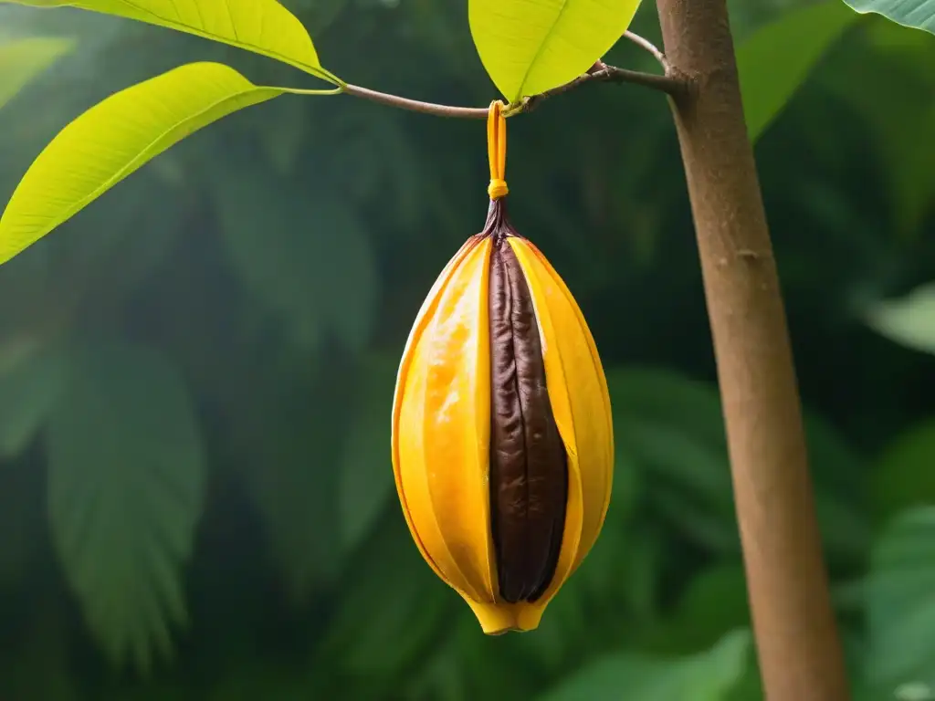 Un cacao maduro y éticamente cultivado cuelga de un árbol, bañado por la luz dorada del sol