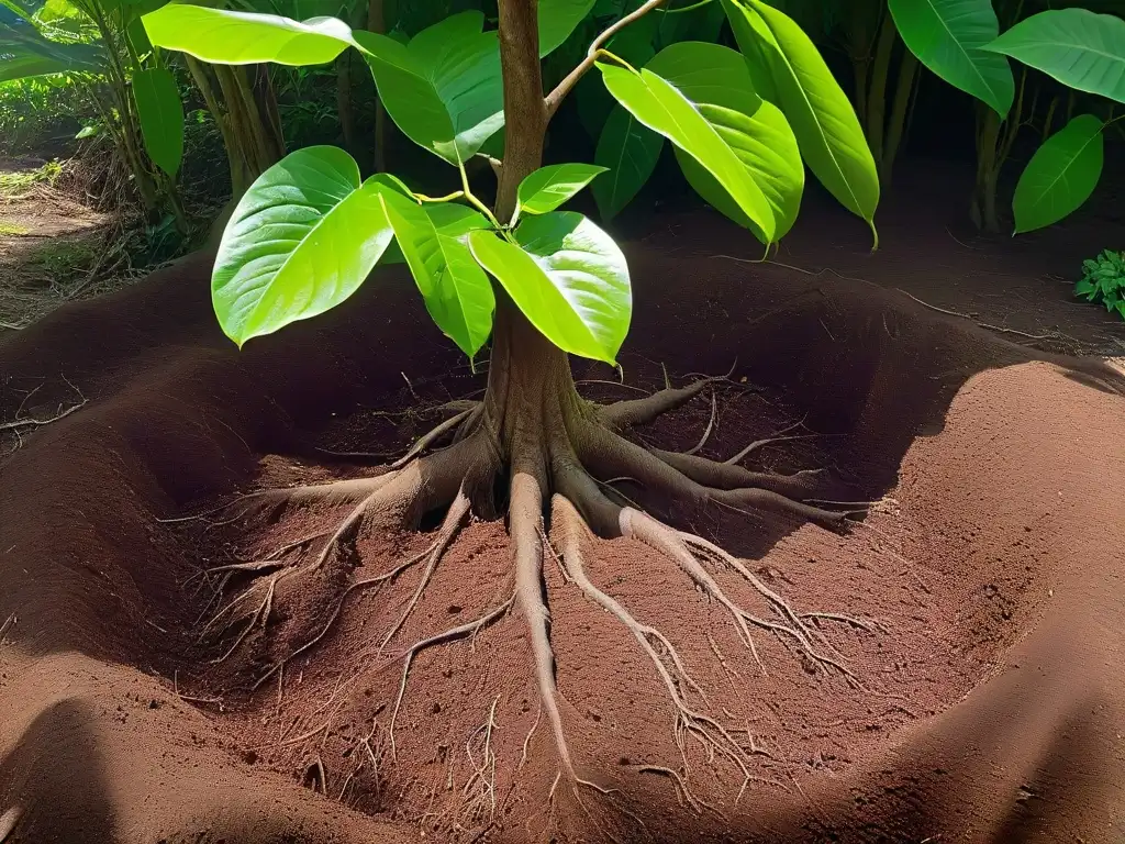 Un cacao majestuoso con raíces intrincadas y frutos maduros, bajo un sol brillante