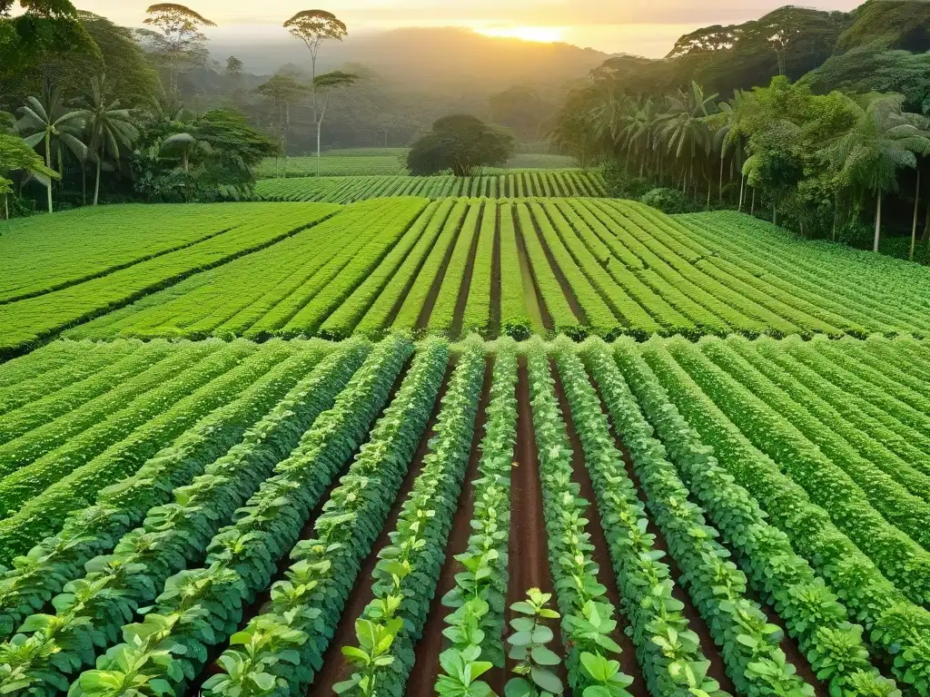 Plantación de cacao orgánico al amanecer, árboles cargados de vainas maduras brillando bajo la luz dorada