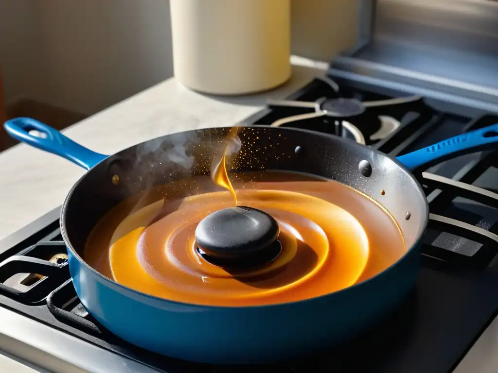 Cacerola de cobre en fuego con caramelo dorado burbujeante, en proceso de caramelización, iluminado por la llama