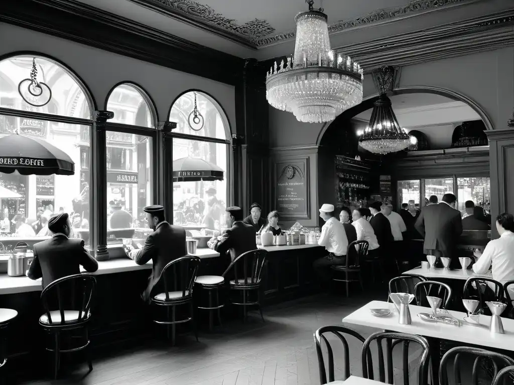 Un café europeo del siglo XIX con elegantes clientes disfrutando de café y repostería, baristas expertos y una decoración vintage