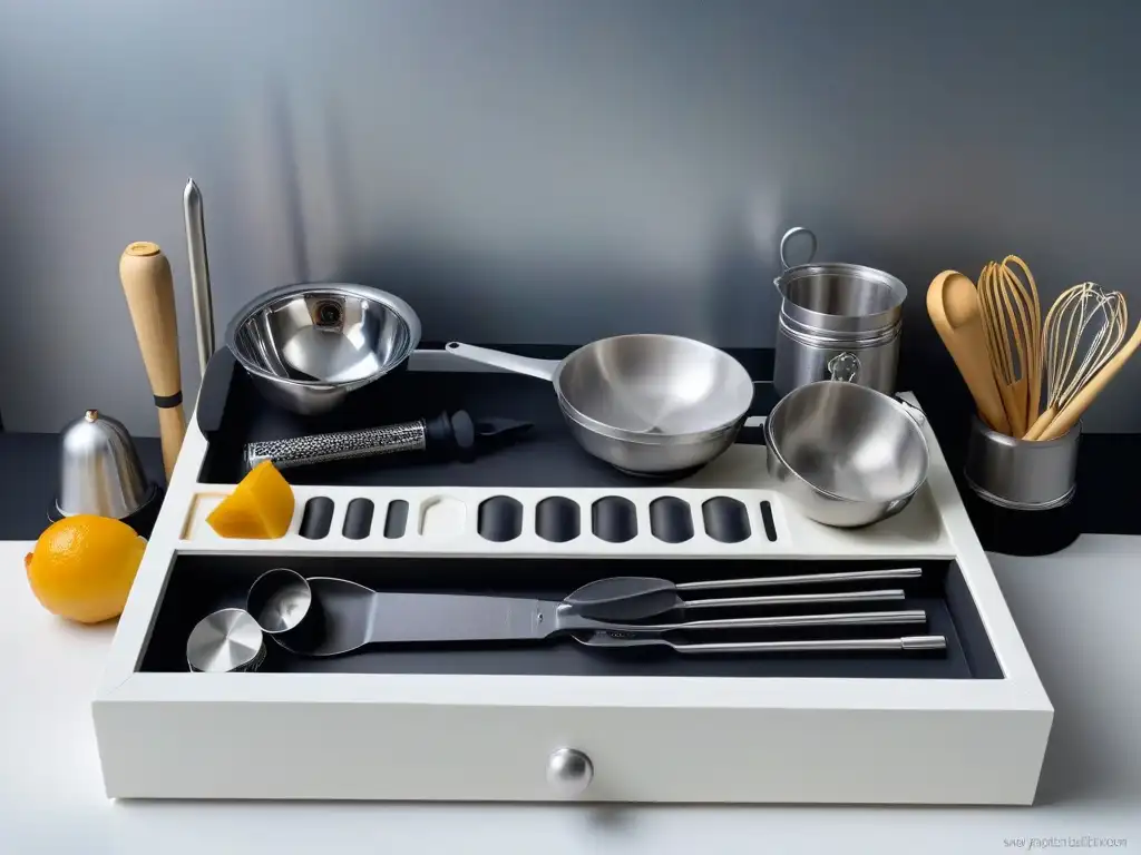 Un cajón de cocina organizado impecablemente con utensilios imprescindibles para repostero gourmet