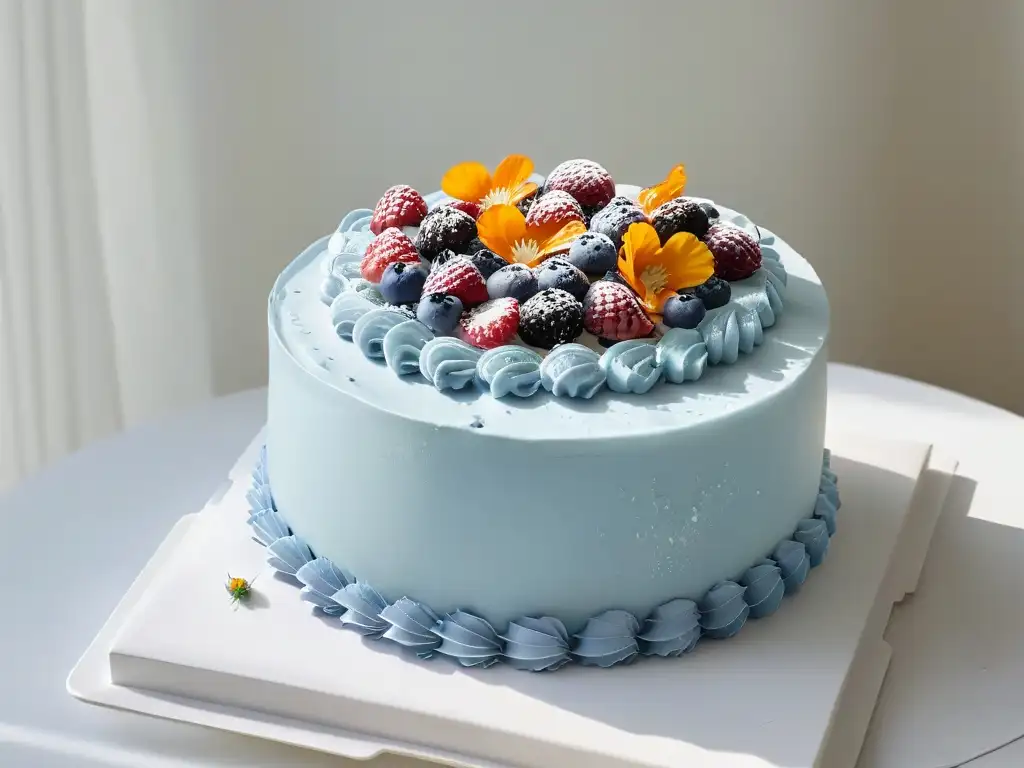 Cake artístico con flores y frutas detalladas en soporte blanco