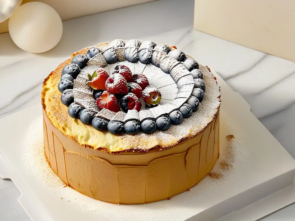 Un Angel Food Cake esponjoso y perfectamente horneado sobre encimera de mármol, con azúcar glas y frutos rojos