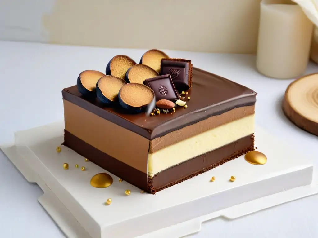 Opera Cake exquisito con capas de ganache, bizcocho de almendra y crema de café, decorado con hoja de oro y un grano de café espresso, sobre un plato blanco impecable