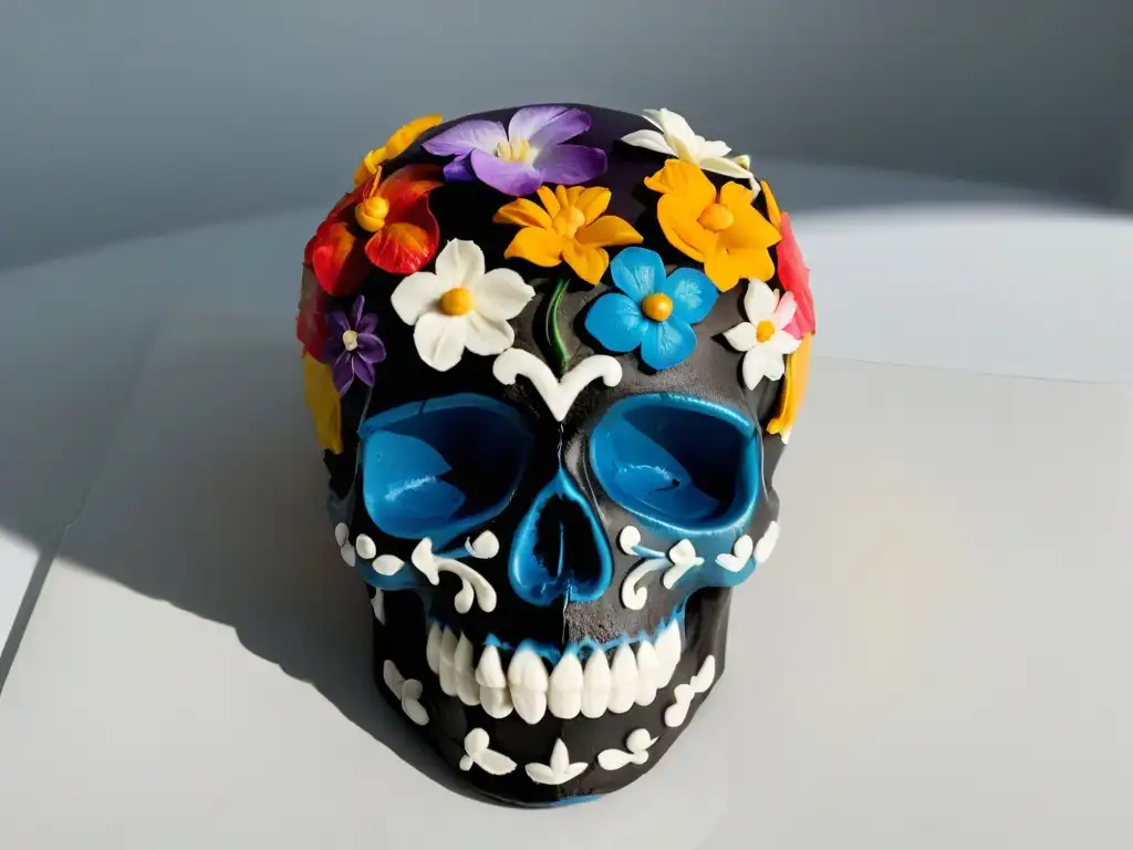 Calavera de azúcar decorada con flores comestibles y drágeas plateadas, en fondo blanco