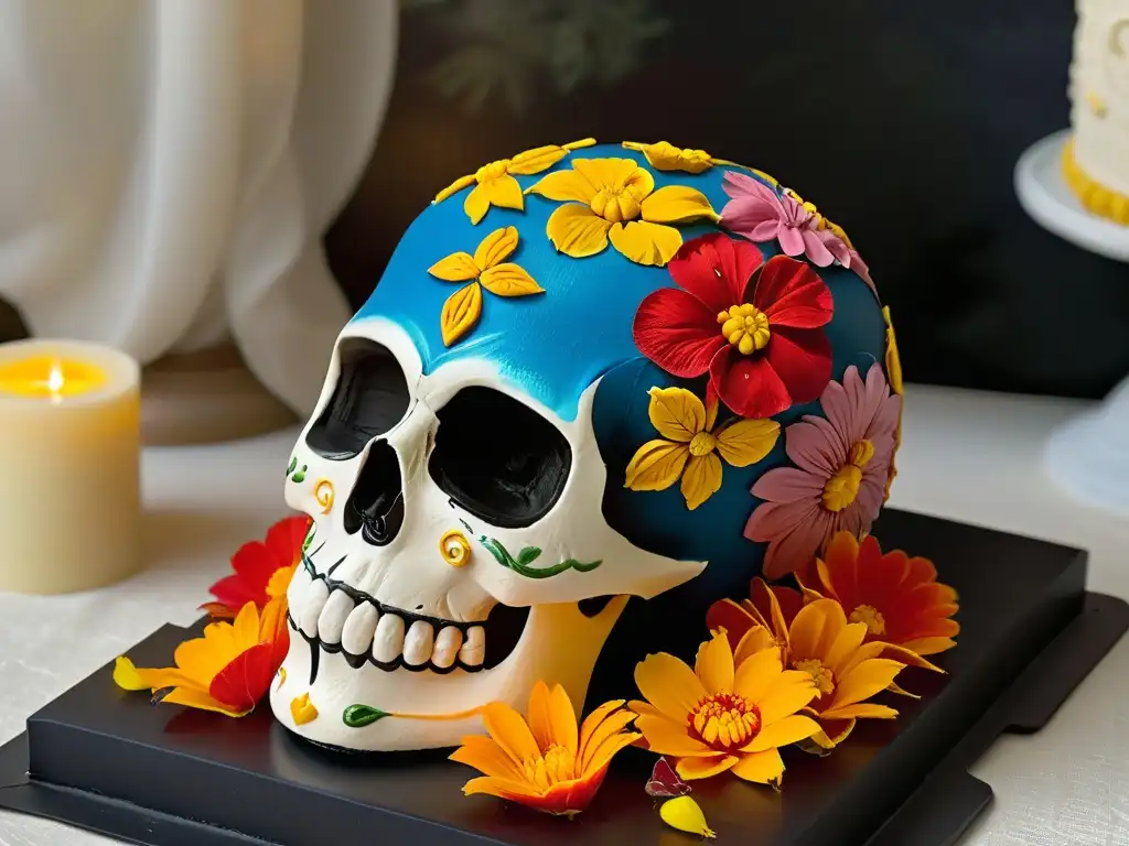 Calavera de azúcar de marzipan con detalles en oro sobre pétalos de cempasúchil