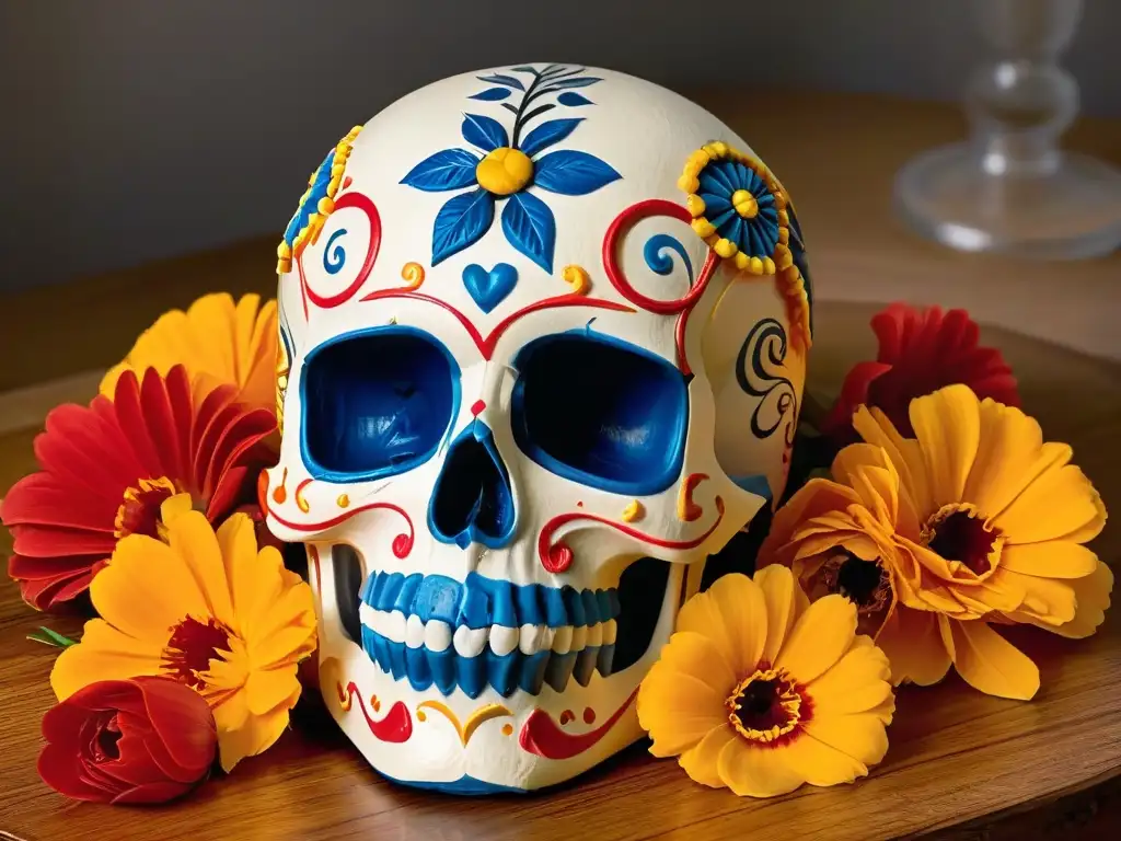 Calavera de azúcar con diseños tradicionales sobre cempasúchil