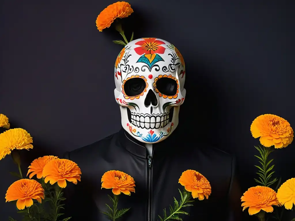 Calavera de azúcar con flores de cempasúchil y papel picado, resaltando detalles de la celebración del Día de Muertos