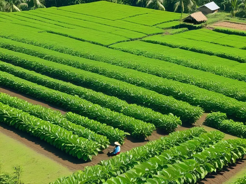 Un campo de cacao sereno con árboles cargados de vainas maduras, un agricultor cosechando, transmitiendo comercio justo en repostería