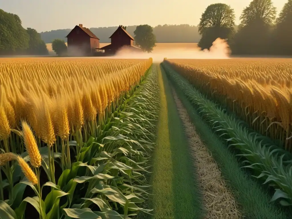 Un campo de maíz dorado al atardecer, con tallos altos meciéndose suavemente