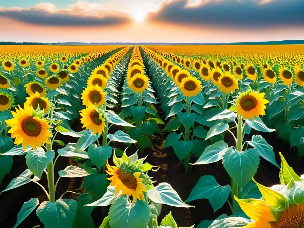 Un campo de girasoles vibrante y exuberante bajo el cielo despejado, detallado con precisión