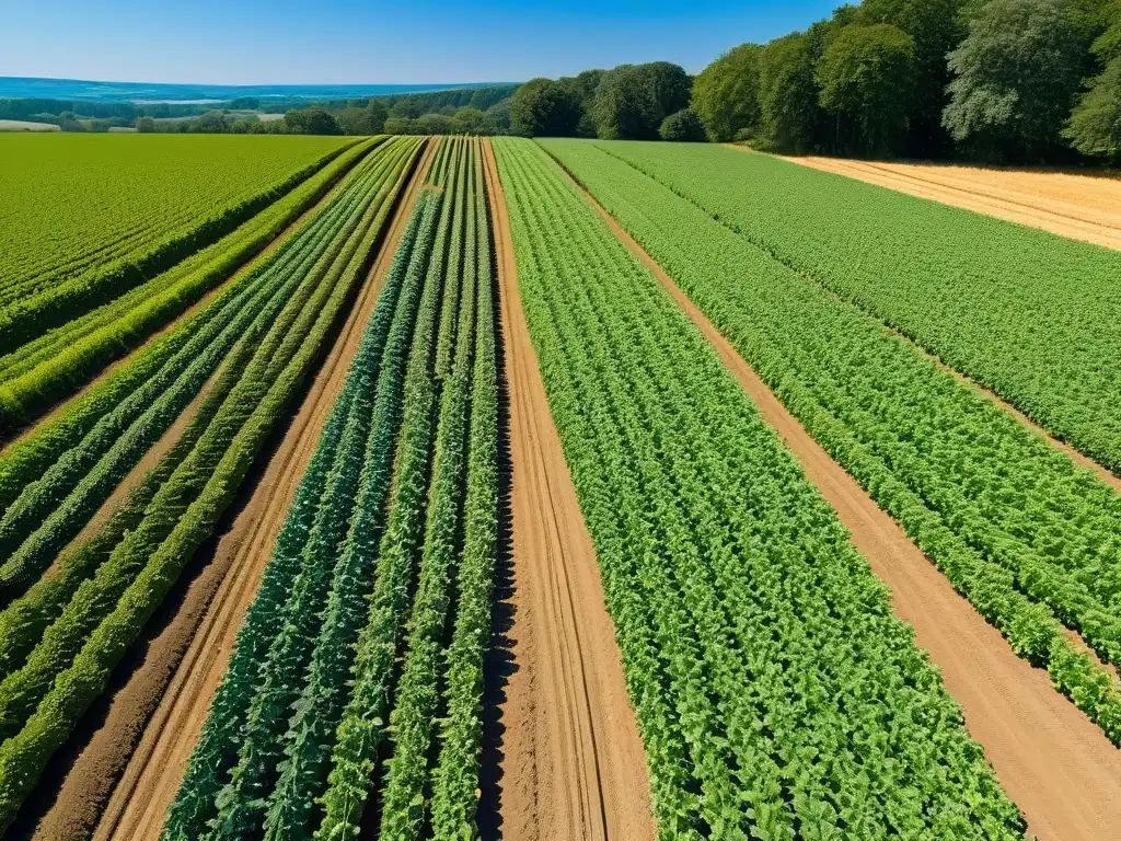 Un campo orgánico exuberante con filas de frutas y verduras vibrantes bajo el sol, reflejando la belleza de la agricultura sostenible