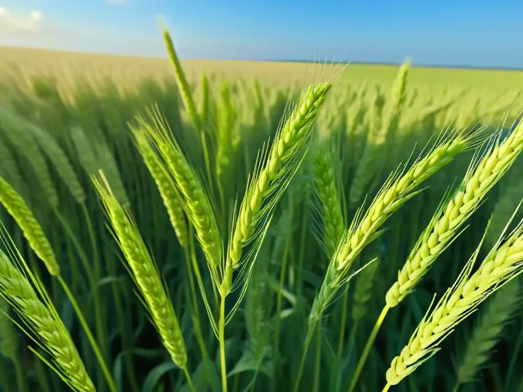 Un campo de trigo verde vibrante bajo cielo azul despejado