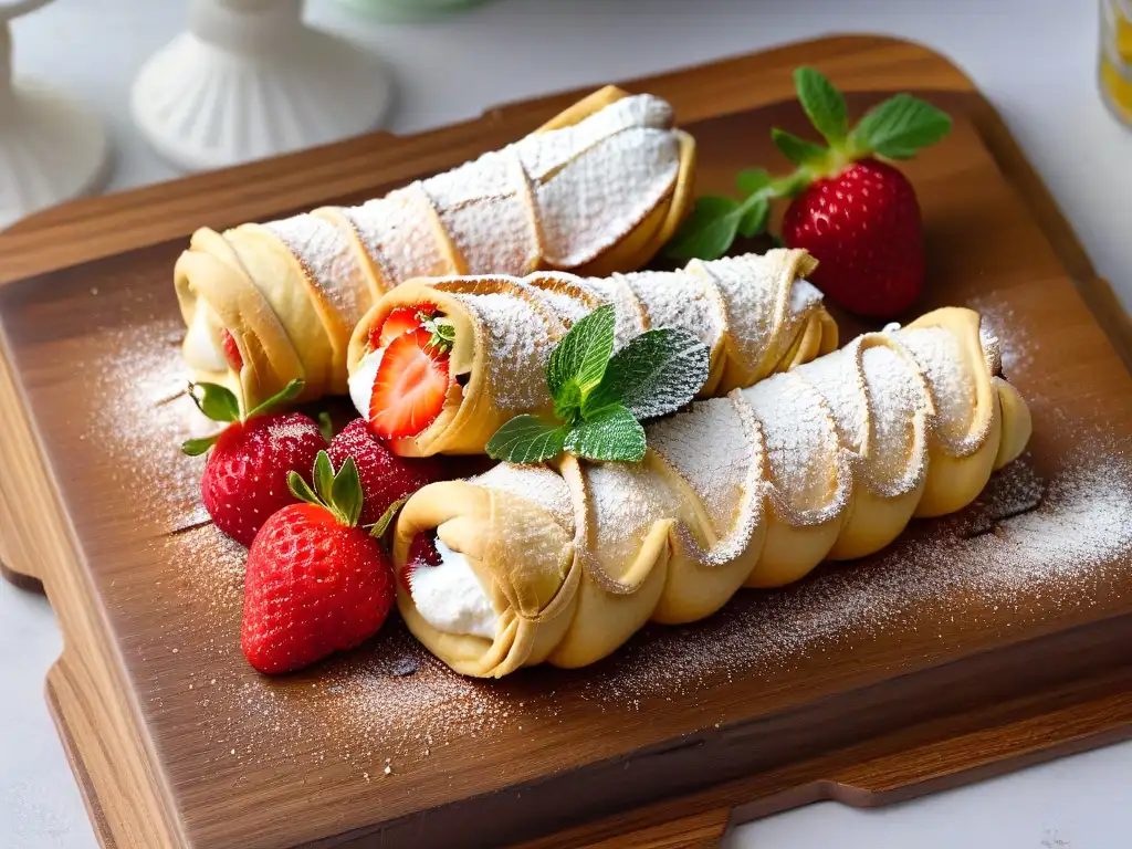 Un Cannoli Siciliano recién hecho con una receta auténtica, relleno de ricotta y decorado con fresas y menta fresca en plato de madera rústico