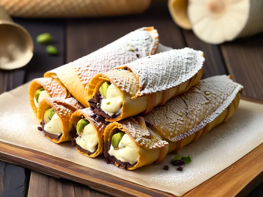 Un cannoli Siciliano recién preparado con ricotta, pistachos y chips de chocolate