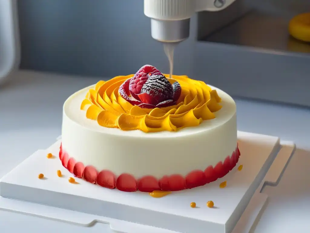 Capacitaciones en impresión 3D de postres: Detalle de postre delicado y colorido creado con impresora 3D, sobre fondo blanco