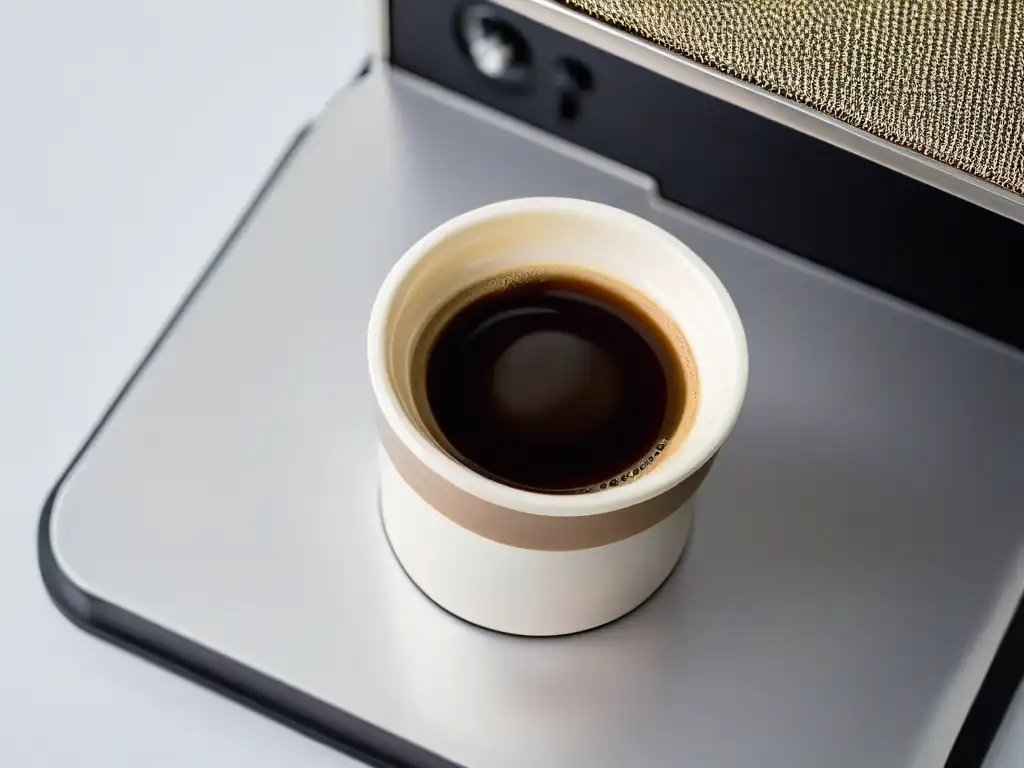 Una cápsula de café recargable con espresso aromático, crema dorada sobre fondo blanco