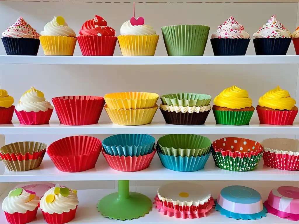 Cápsulas para cupcakes y muffins con diseños vibrantes y detallados en fila sobre fondo blanco