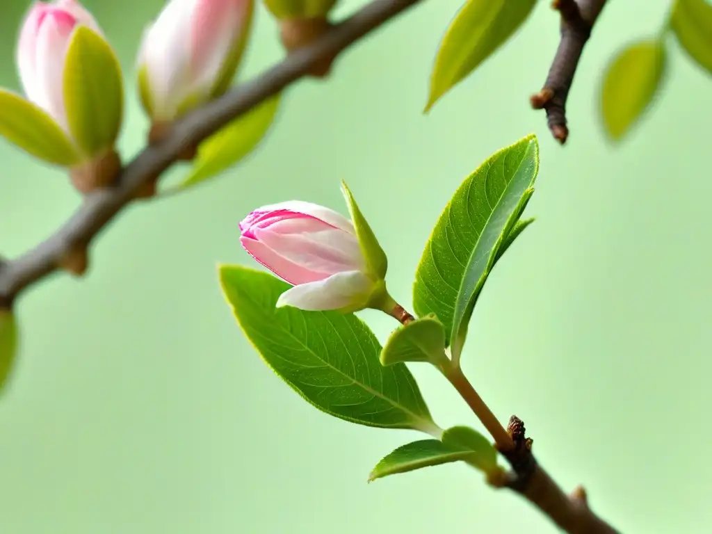 Un capullo de flor de almendra desplegando sus delicados pétalos en tonos rosados y blancos, entre hojas verdes