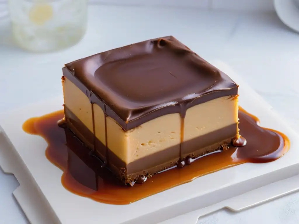 Una Caramel Slice recién horneada en equilibrio perfecto sobre mármol moderno