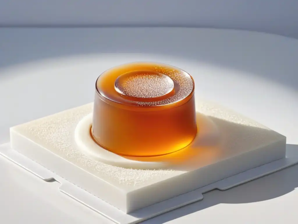 Caramelos de cristal en repostería molecular: detalle de un dulce de caramelo transparente y brillante, mostrando sus estructuras de azúcar