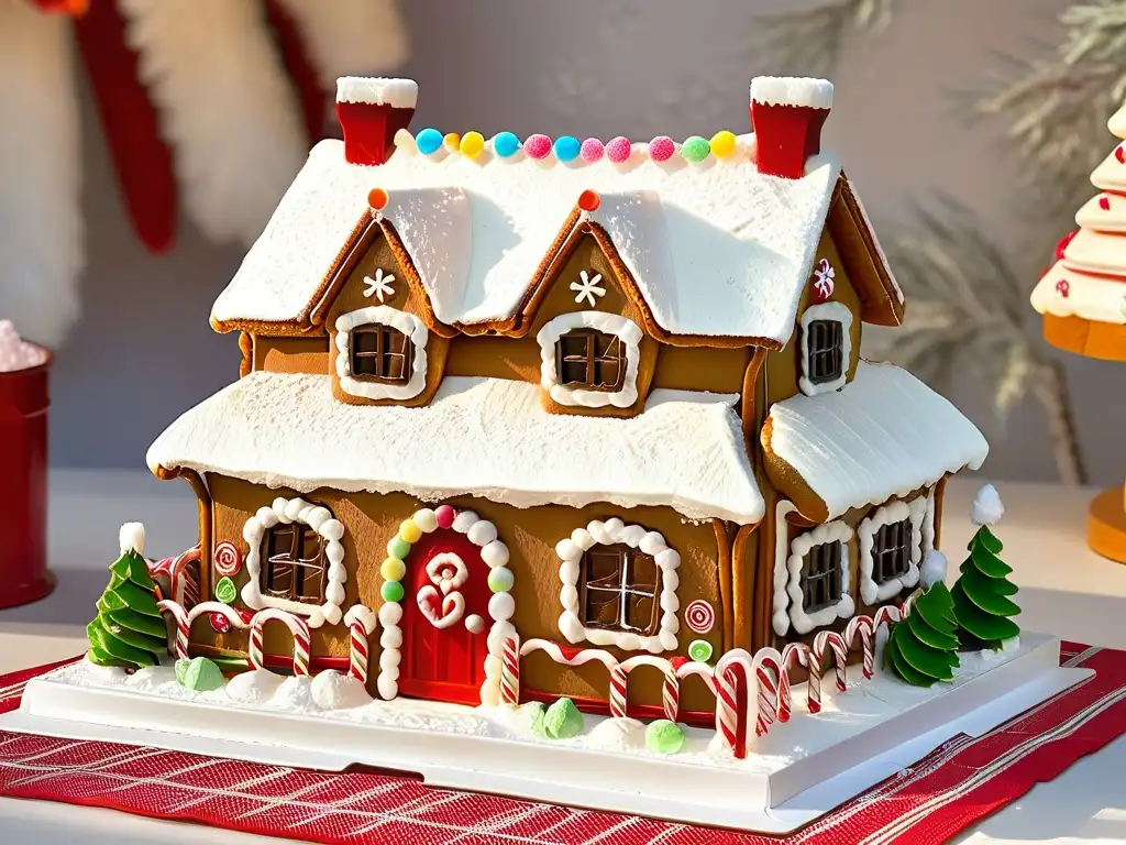 Una casa de jengibre decorada con detalle y coloridos postres festivos navideños del mundo, en un paisaje invernal mágico con copos de nieve