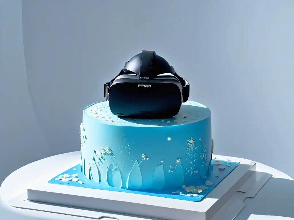 Cascada de arte en un visor de realidad virtual, fusionando tecnología con repostería en un entorno futurista