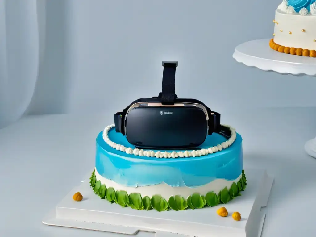 Realidad virtual sobre pastel decorado: fusión futurista Un casco de realidad virtual flota sobre un pastel decorado, fusionando tecnología y repostería creativa