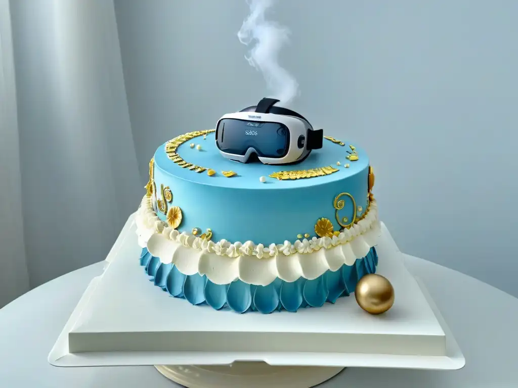 Un casco de realidad virtual moderno en un soporte de pastel vintage, para preservar recetas repostería tradicionales