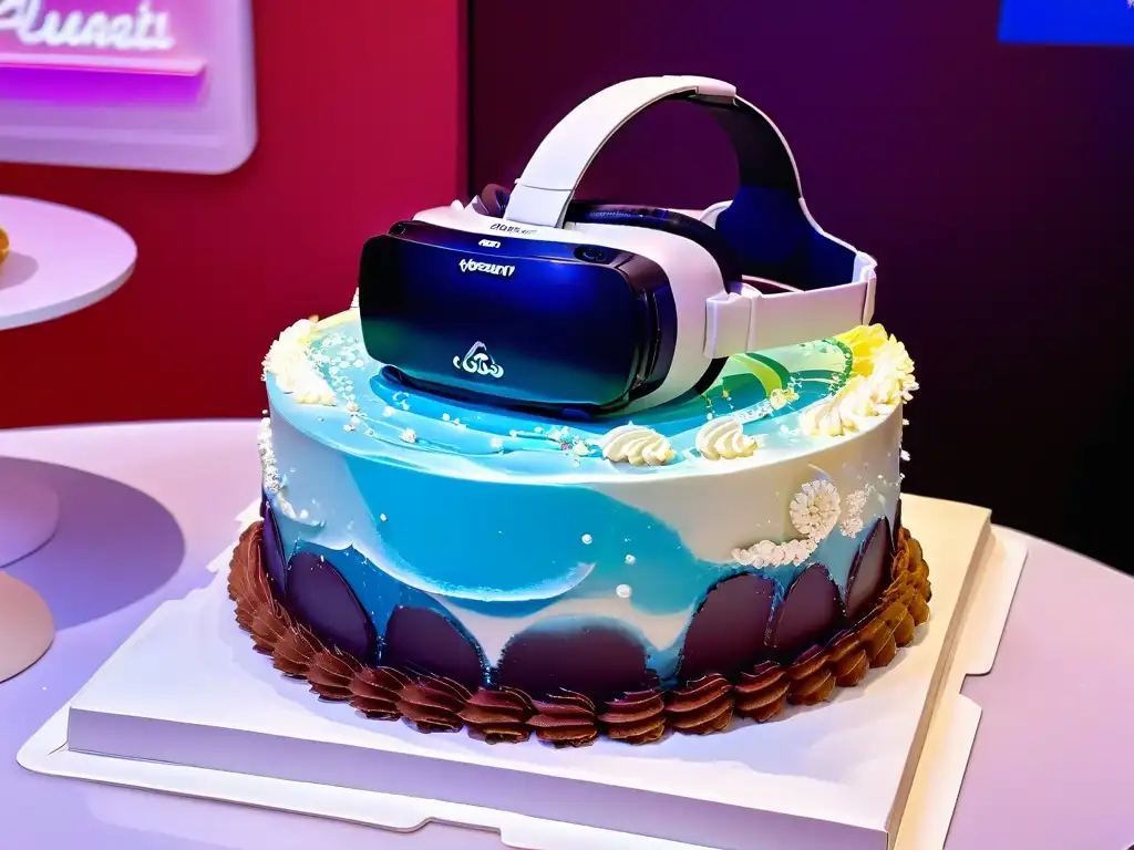 Un casco de realidad virtual con un pastel holográfico flotante, integrando tecnología de repostería en realidad aumentada