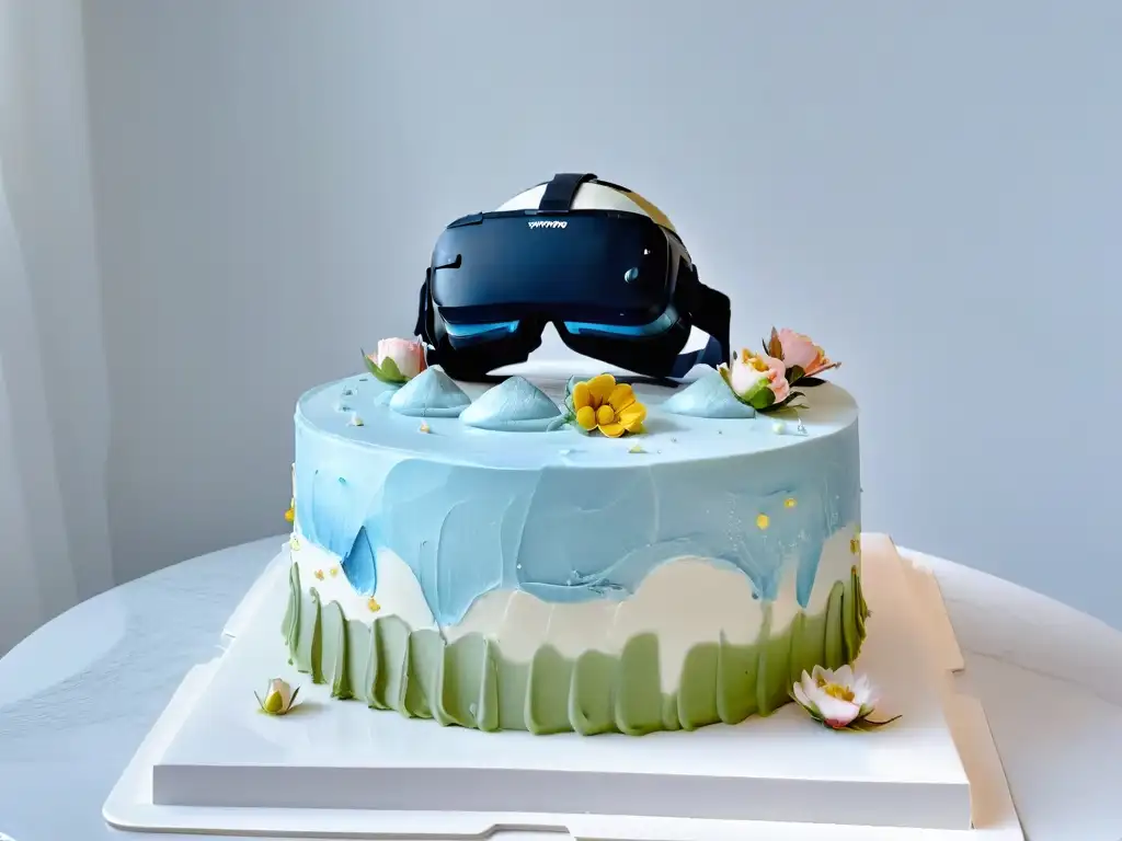 Realidad virtual y pastelería: enseñanza innovadora Un casco de Realidad Virtual en repostería: un pastel 3D detallado flotando sobre él, fusionando técnicas tradicionales con tecnología futurista
