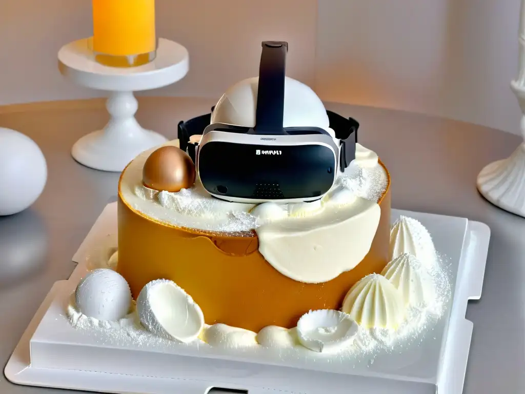 Realidad virtual en repostería: ¡crea pasteles increíbles! Un casco de realidad virtual rodeado de ingredientes digitales, mostrando competencias de repostería en alta resolución