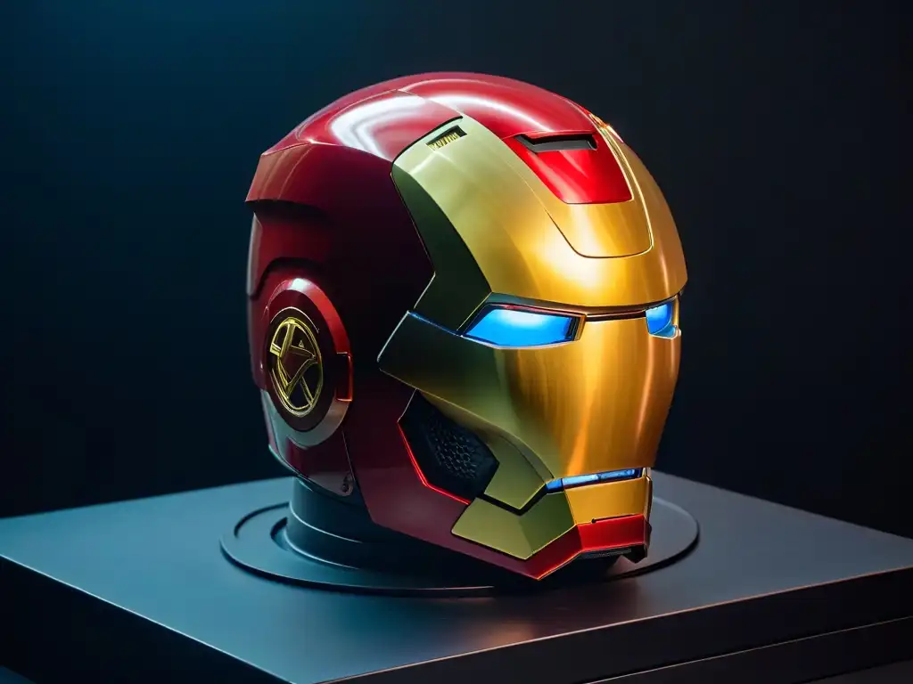 Un casco de Iron Man rojo y dorado, detallado y minimalista, sobre fondo negro brillante