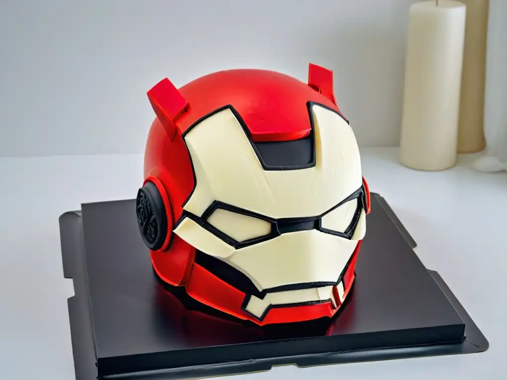 Un casco de Iron Man de fondant rojo vibrante sobre una base negra brillante, destacando detalles intrincados y ojos brillantes contra un fondo blanco