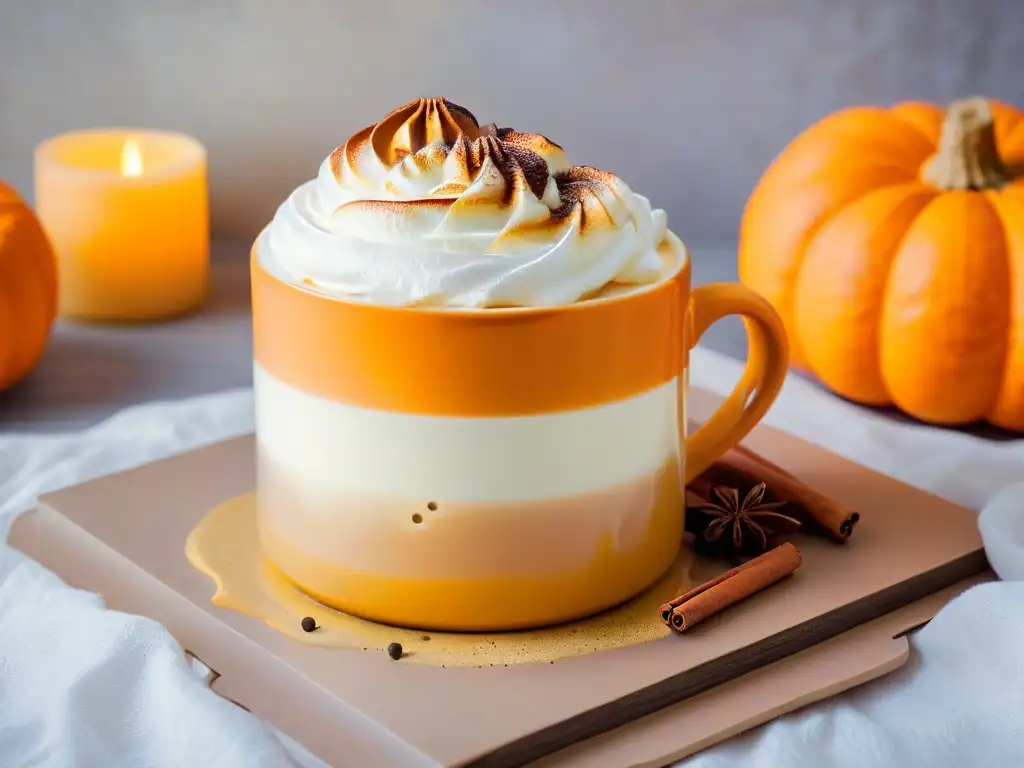 Pumpkin Spice Latte casero con canela y crema, en un entorno acogedor y cálido