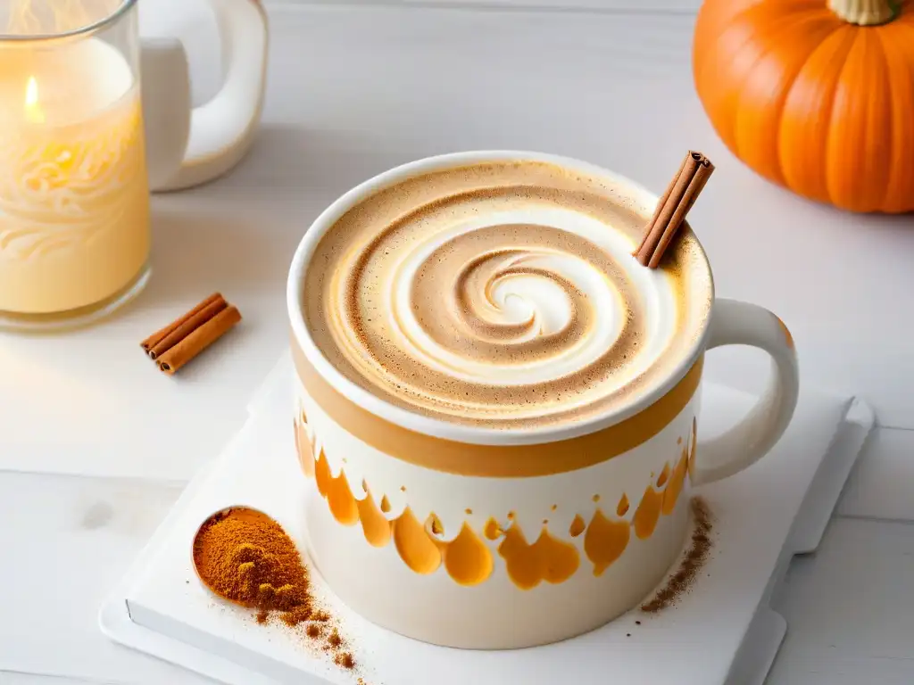 Pumpkin Spice Latte casero: Detalle de canela y nuez moscada sobre espuma cremosa en taza blanca