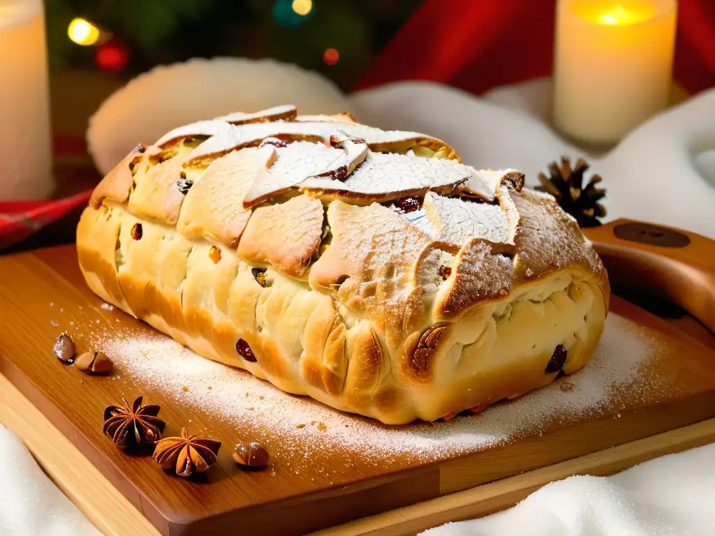 Un Stollen casero alemán recién horneado, adornado con almendras y frutas confitadas, sobre tabla de madera rústica