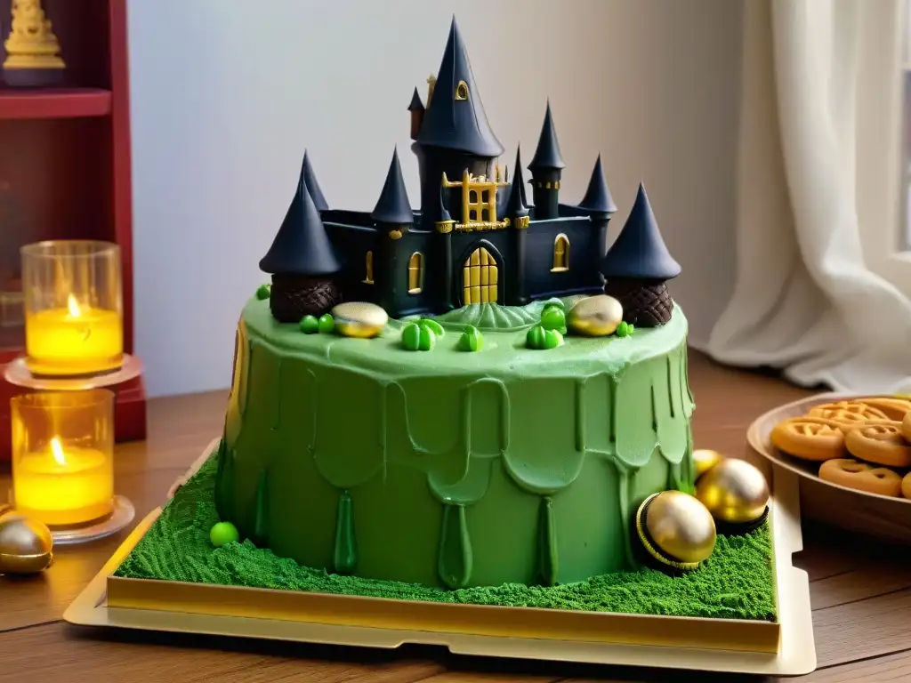 Un castillo de Hogwarts hecho de postres inspirados en películas Harry Potter, en una cocina mágica llena de encanto y detalles vibrantes