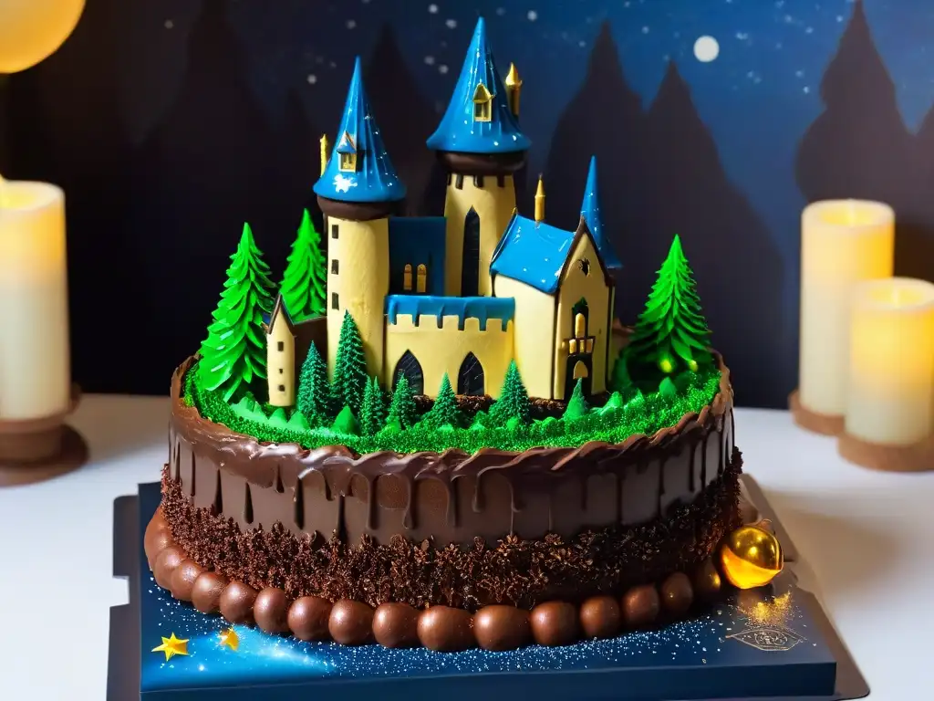 Castillo de Hogwarts de pastel de chocolate, rodeado de árboles comestibles y velas flotantes bajo un cielo estrellado con brillo comestible